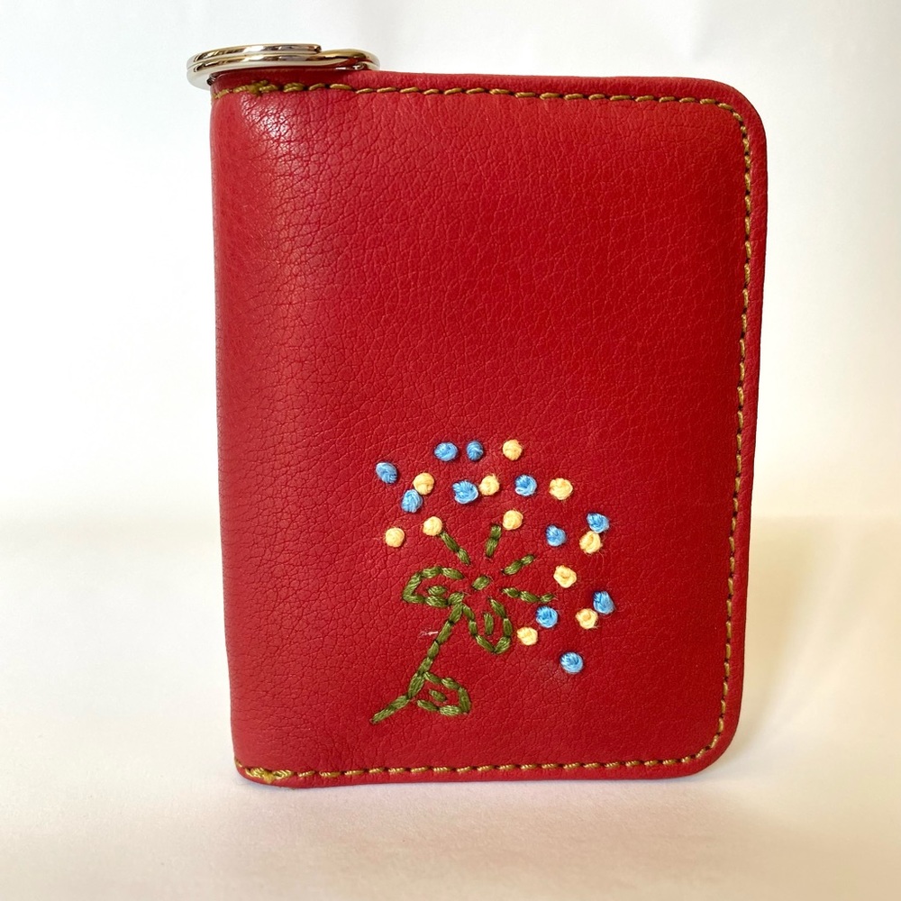 Fossil Wallet Dark Red Stitched embroidered Mini Wallet. Genuine Leather